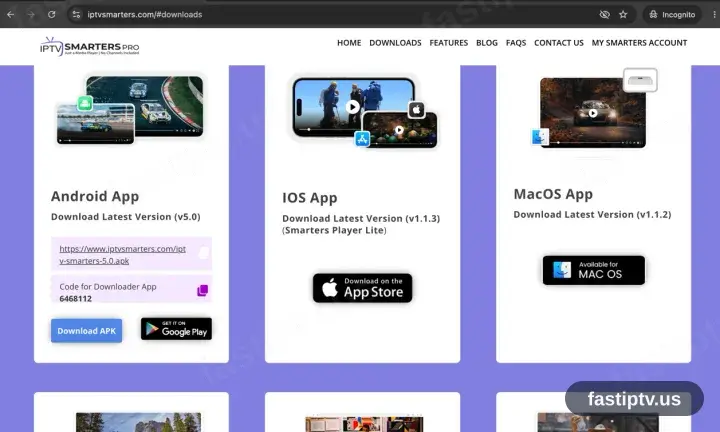 The IPTV Smarters site scrolled to its Download APK control