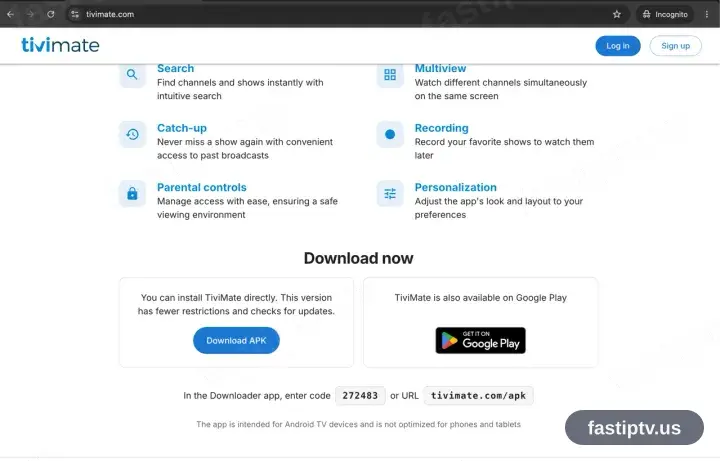 Die TiviMate-Seite bis zu den Schaltflächen Google Play und Install APK gescrollt