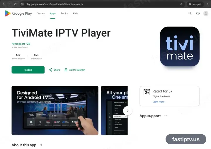Der TiviMate-Eintrag bei Google Play mit verfügbarem Installieren