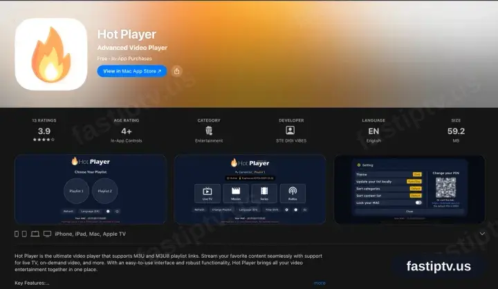 The Hot Player App Store entry listing iPhone, iPad, Mac and Apple TV support