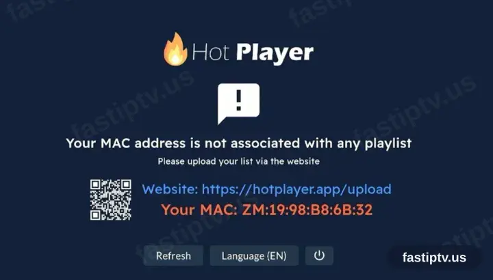 HotPlayer meldet, dass keine Playlist eingetragen ist, mit der Upload-Adresse hotplayer.app
