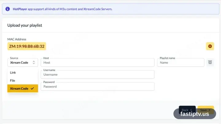 Das Upload-Formular von hotplayer.app mit Quelle Xtream Codes sowie den Feldern Server, Benutzername und Passwort