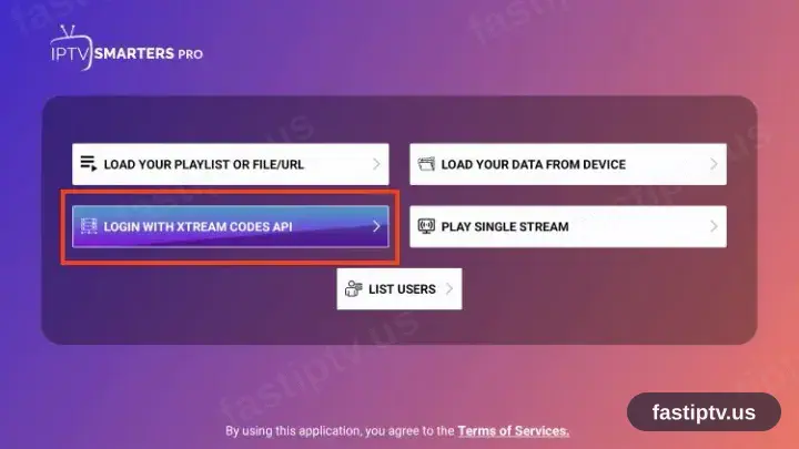 The IPTV Smarters Pro welcome screen, Login with Xtream Codes API highlighted