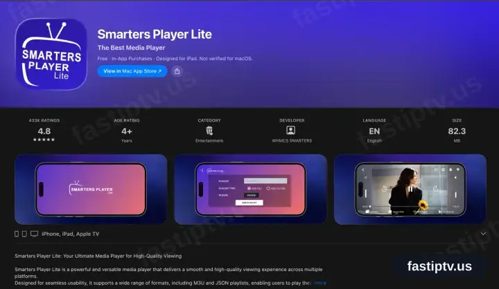 Die App-Store-Seite von Smarters Player Lite mit Unterstützung für iPhone, iPad und Apple TV