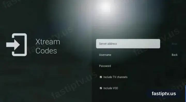 The TiviMate Xtream Codes form with server, username and password fields