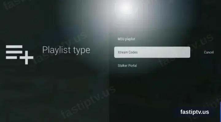 The TiviMate playlist type screen with Xtream Codes chosen