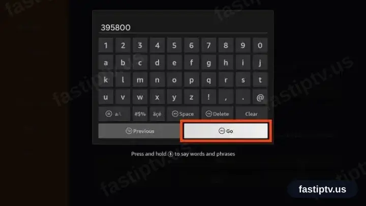 The code 395800 entered in the Downloader address field