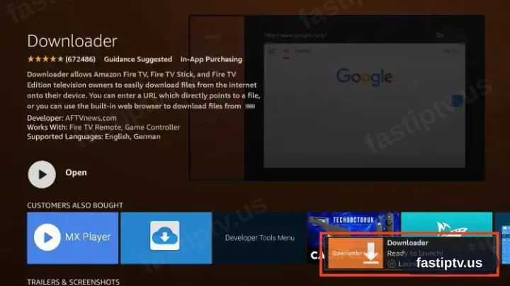 The Downloader page showing Open, indicating a finished install