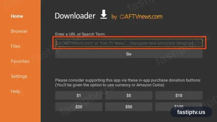Downloader with the URL field focused on the Home tab