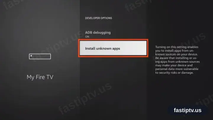 The Developer options menu with Install unknown apps focused