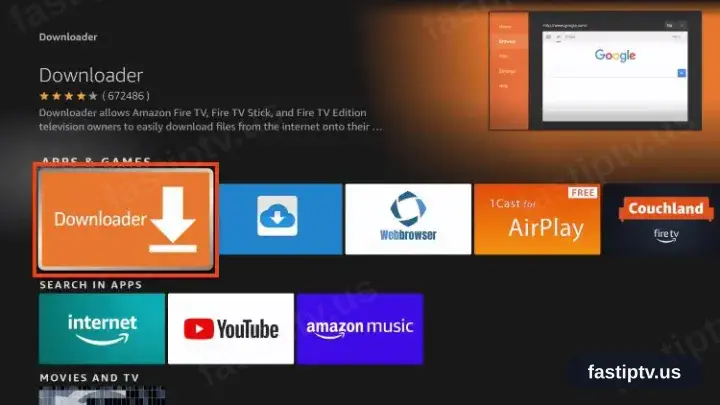 The orange Downloader listing chosen from the Fire TV results