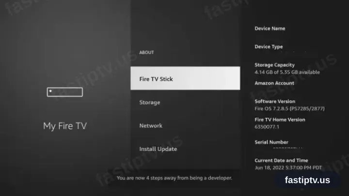 The developer notice shown on the Fire TV About screen