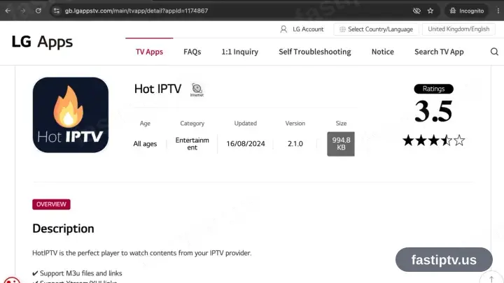 HotPlayer on its LG Content Store entry
