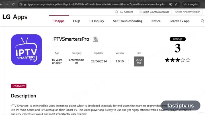 IPTV Smarters Pro auf seinem Eintrag im LG Content Store