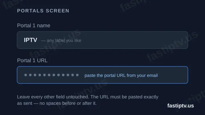 Diagram of the Portals screen showing the Portal 1 name field and the masked Portal 1 URL field.