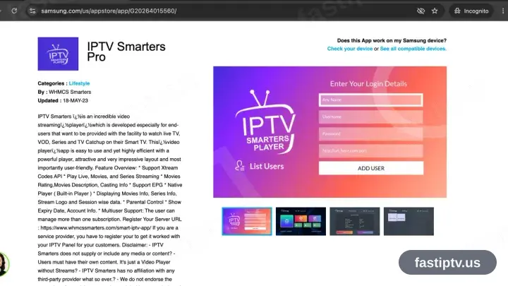 IPTV Smarters Pro auf seinem Eintrag im Samsung-Apps-Store