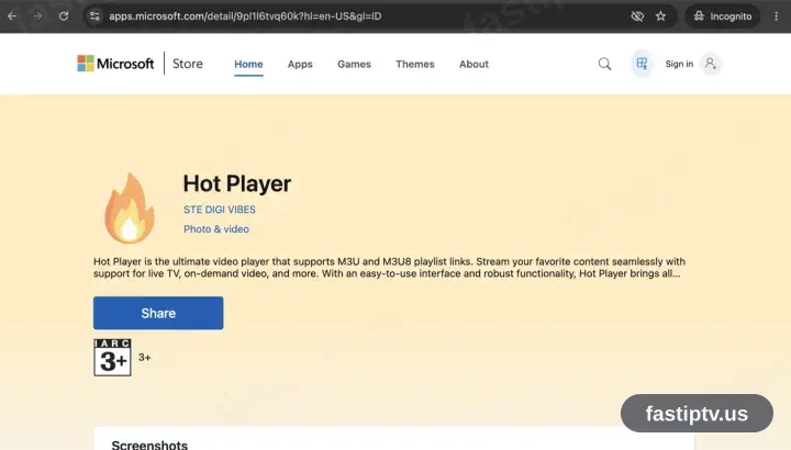 The Hot Player listing in the Microsoft Store