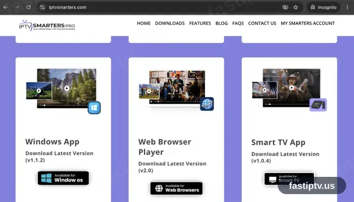 The IPTV Smarters downloads page with the Windows app download button